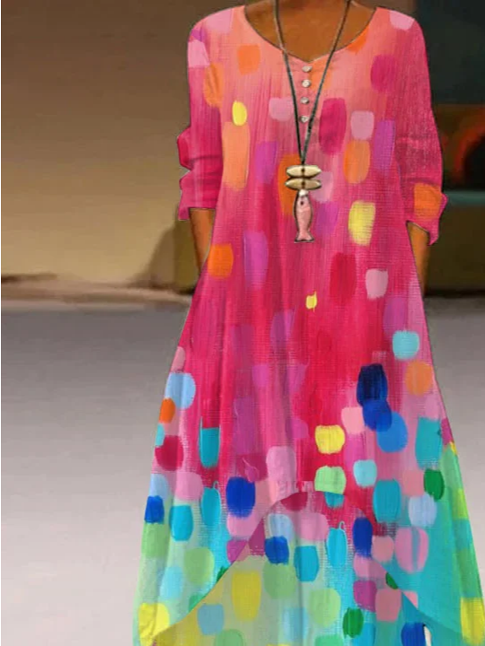 Damen Verlaufsmuster Sommer Kleid Rundhals Langarm Blusenkleid A-Linien-Kleid