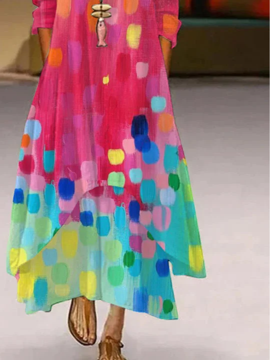 Damen Verlaufsmuster Sommer Kleid Rundhals Langarm Blusenkleid A-Linien-Kleid