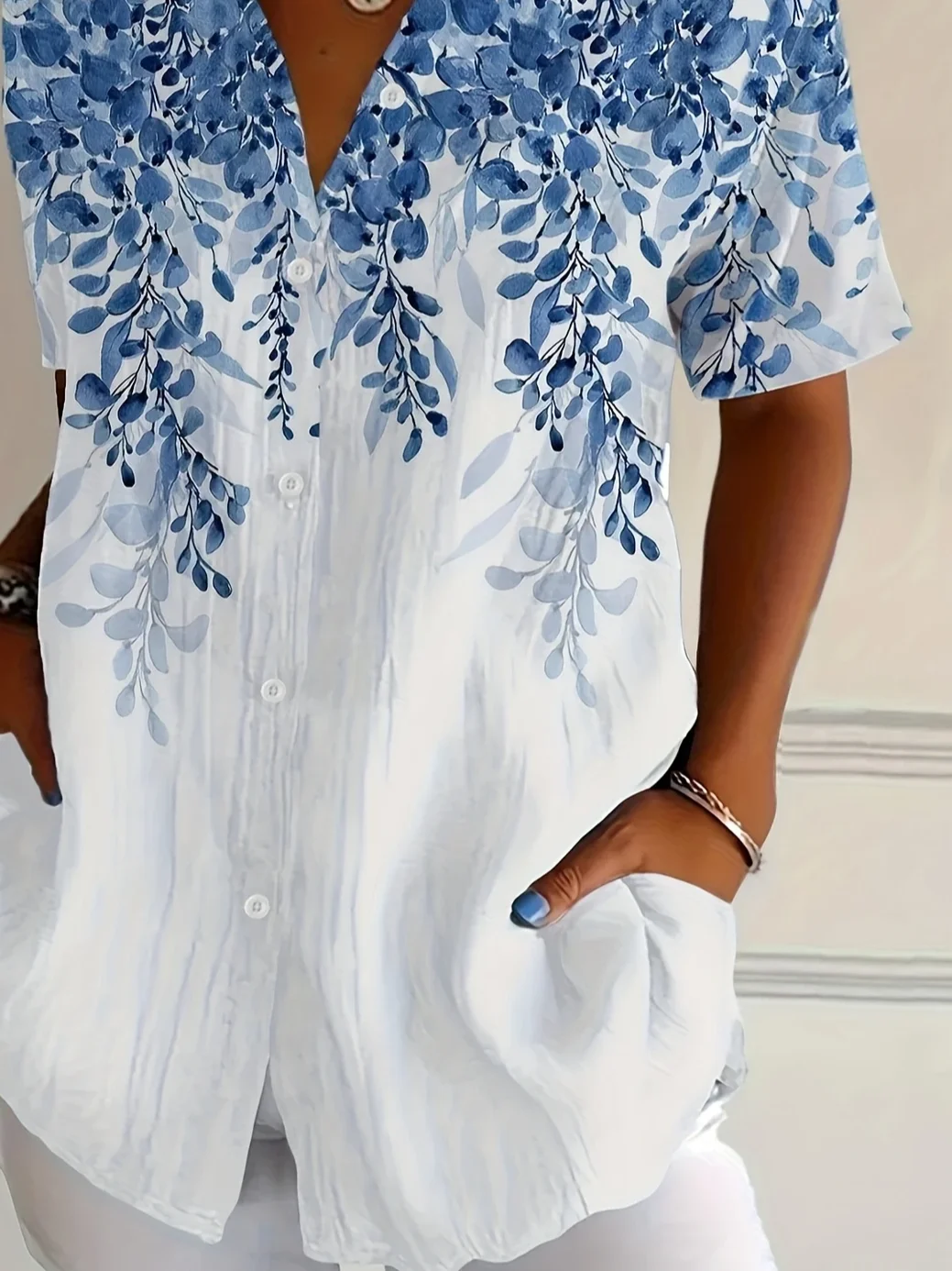 Hemdkragen Kurzarm Geblümt Print Regelmäßig Mikroelastizität Weit Knopfhemd Bluse für Damen