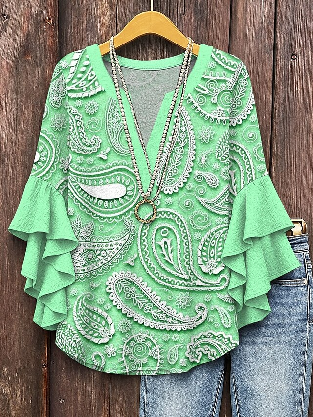 V-Ausschnitt Halbarm Paisley Regelmäßig Mikroelastizität Regelmäßige Passform Bluse für Damen