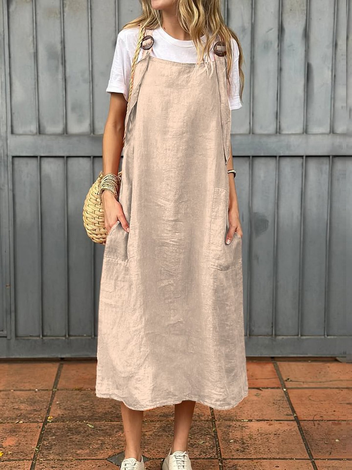 Damen Unifarben Sommer Kleid Spaghettiträger Gallus Unterhose Kleid H-Linie Kleid