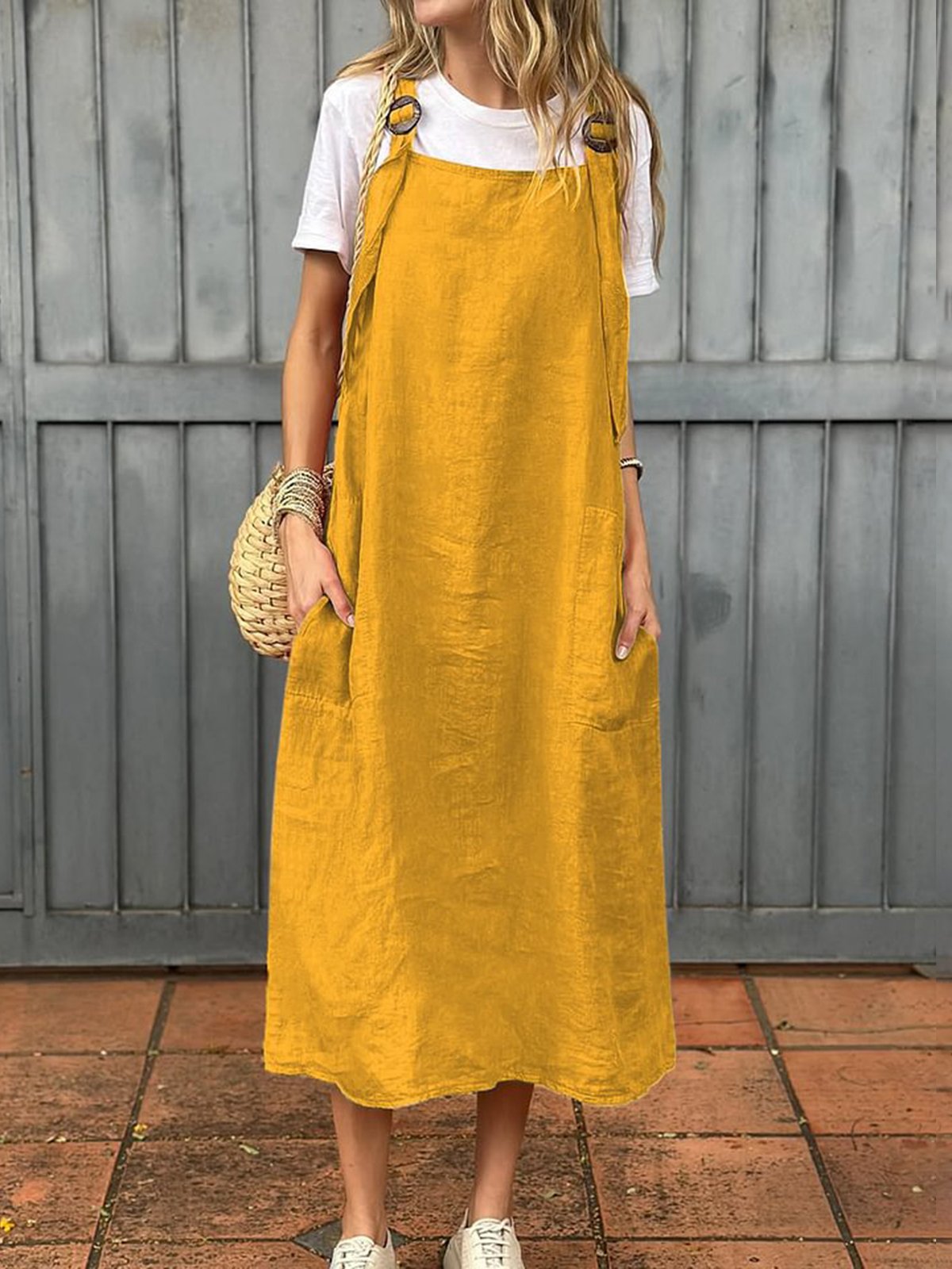 Damen Unifarben Sommer Kleid Spaghettiträger Gallus Unterhose Kleid H-Linie Kleid