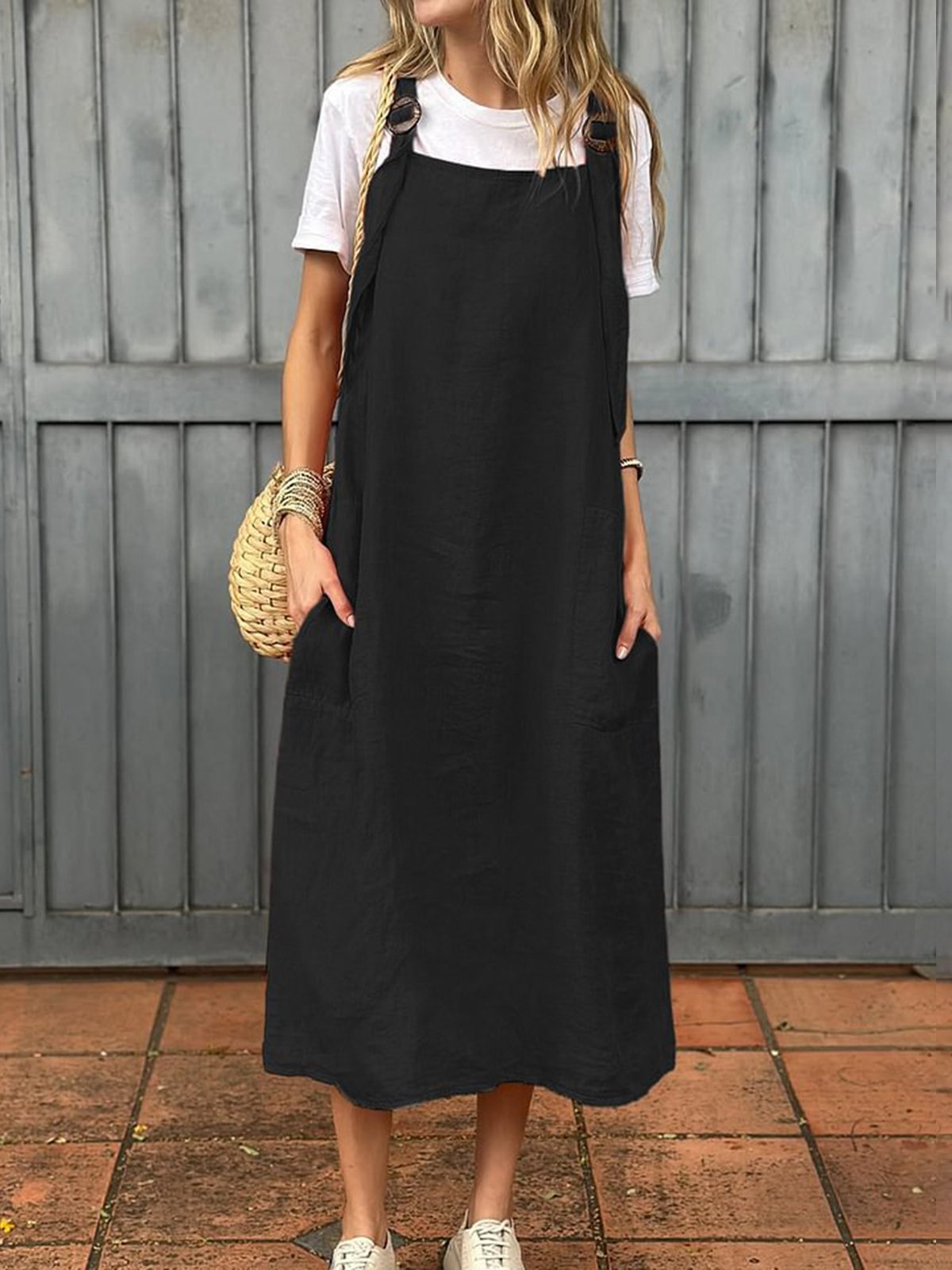 Damen Unifarben Sommer Kleid Spaghettiträger Gallus Unterhose Kleid H-Linie Kleid