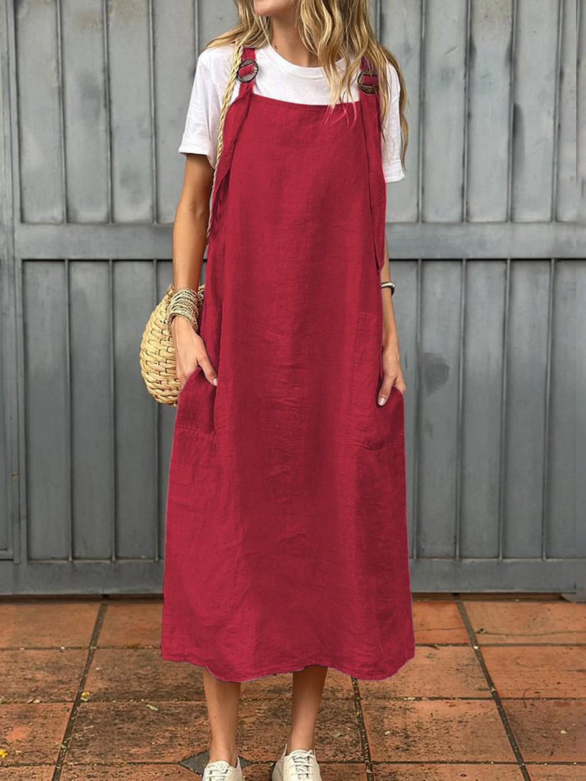 Damen Unifarben Sommer Kleid Spaghettiträger Gallus Unterhose Kleid H-Linie Kleid