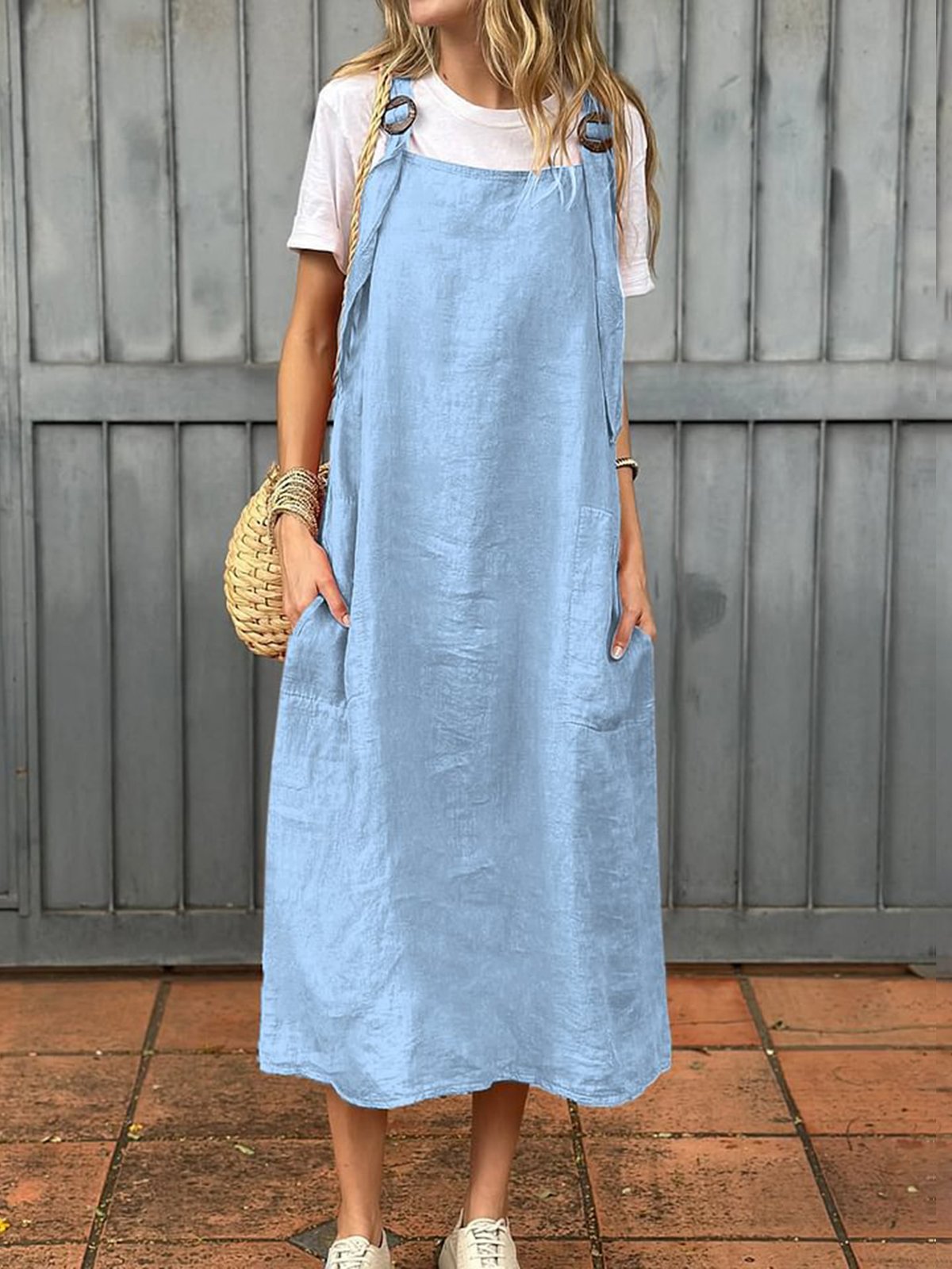 Damen Unifarben Sommer Kleid Spaghettiträger Gallus Unterhose Kleid H-Linie Kleid