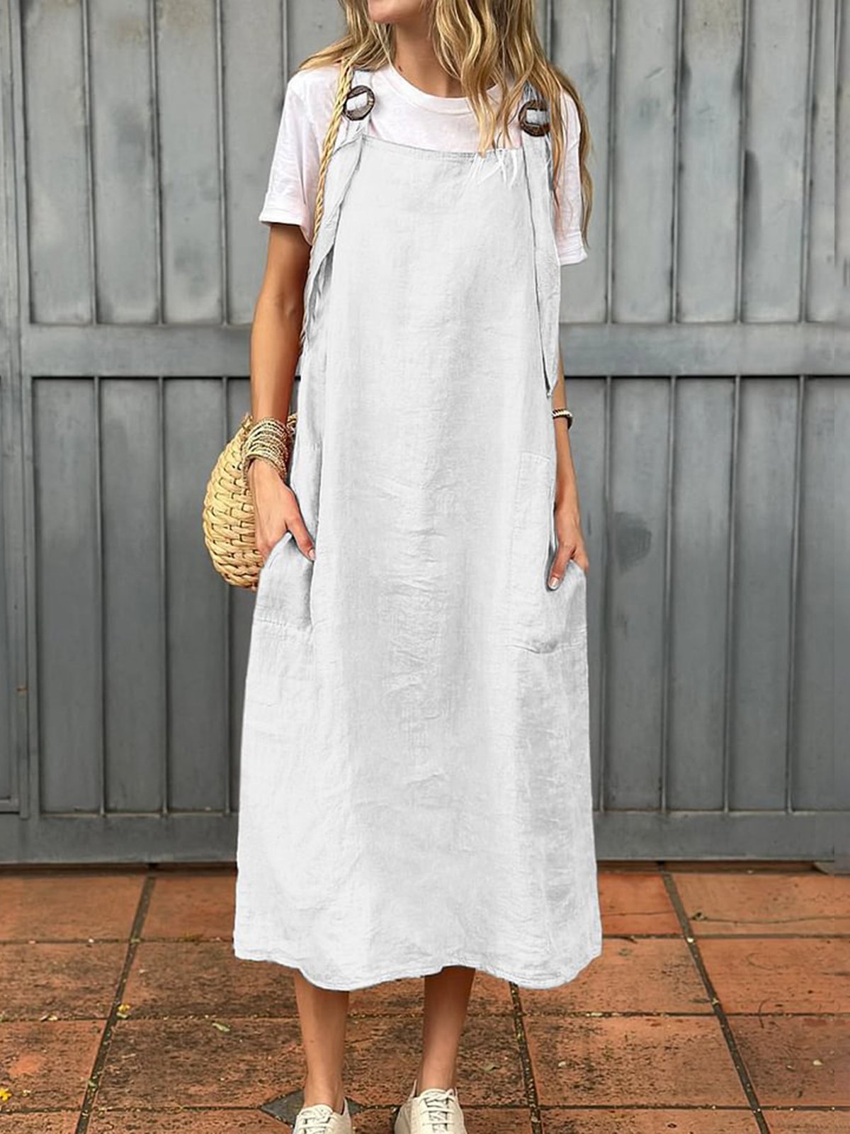 Damen Unifarben Sommer Kleid Spaghettiträger Gallus Unterhose Kleid H-Linie Kleid