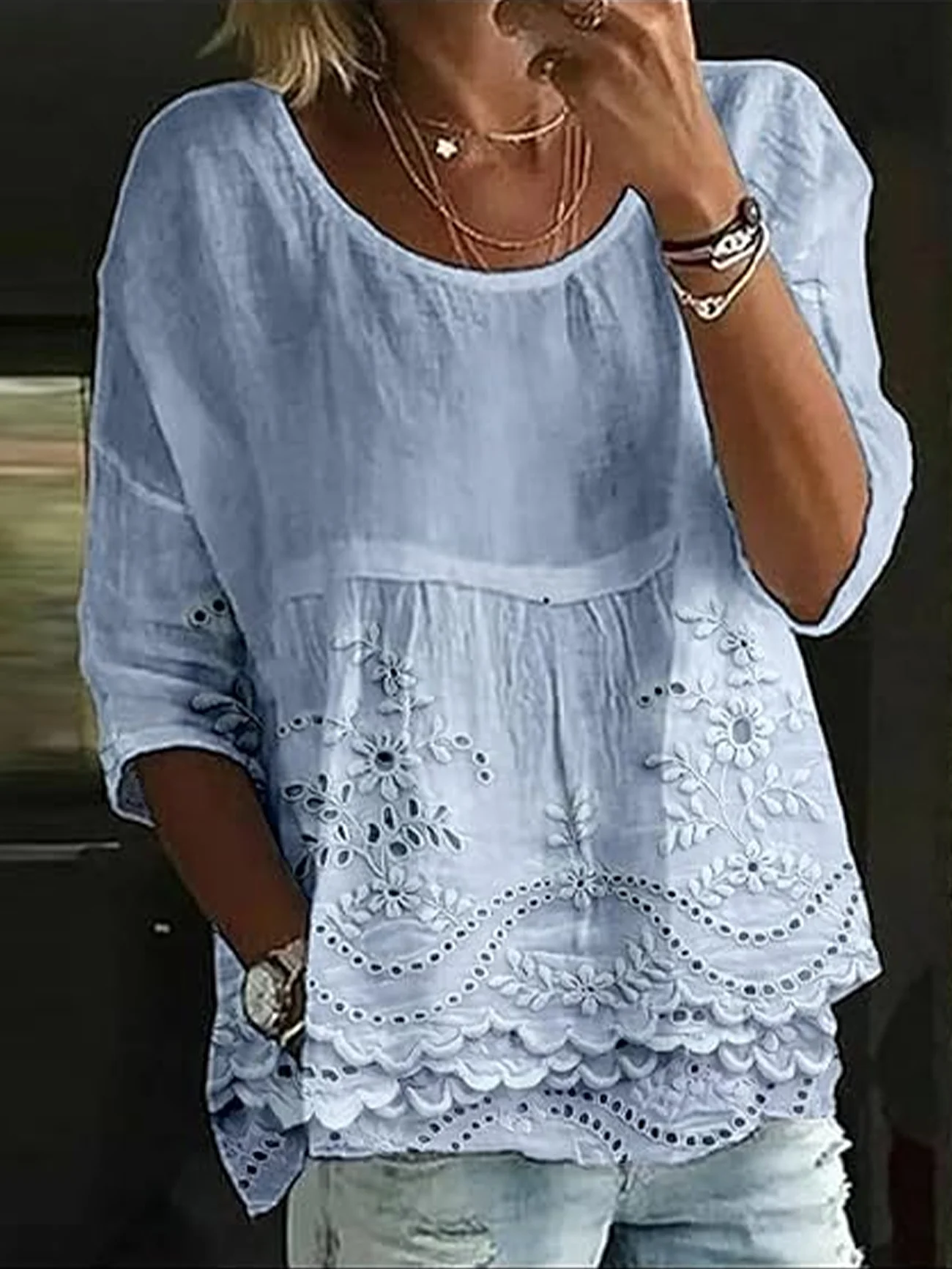 Rundhals Halbarm Geblümt Print Regelmäßig Mikroelastizität Regelmäßige Passform Bluse für Damen