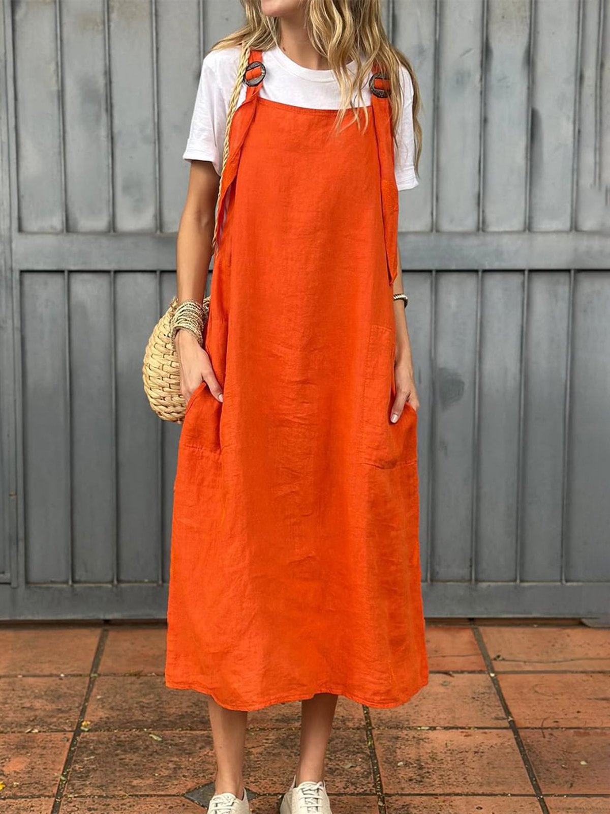 Damen Unifarben Sommer Kleid Spaghettiträger Gallus Unterhose Kleid H-Linie Kleid