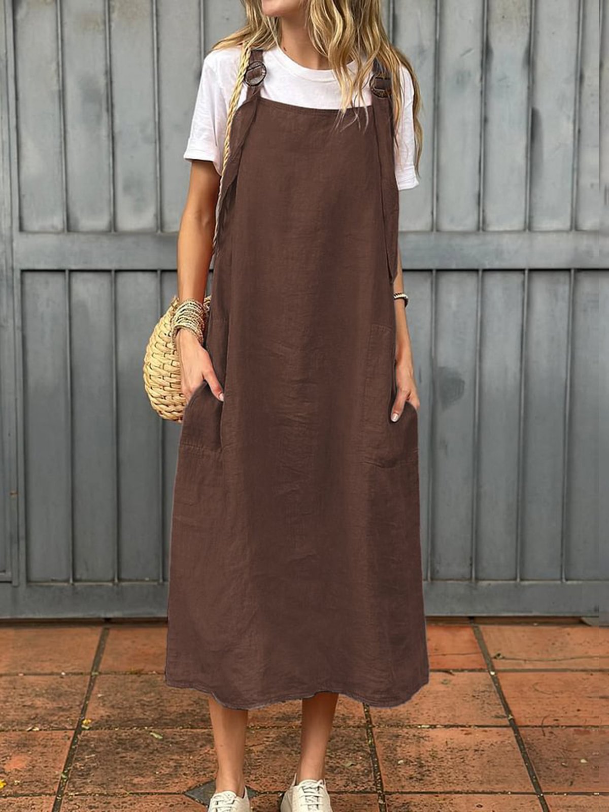 Damen Unifarben Sommer Kleid Spaghettiträger Gallus Unterhose Kleid H-Linie Kleid