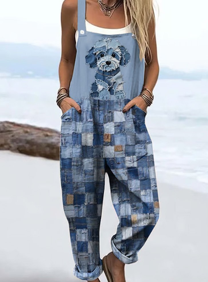Damen Geometrisch Spaghettiträger Ärmellos Lässig Sommer Baumwolle Jumpsuit