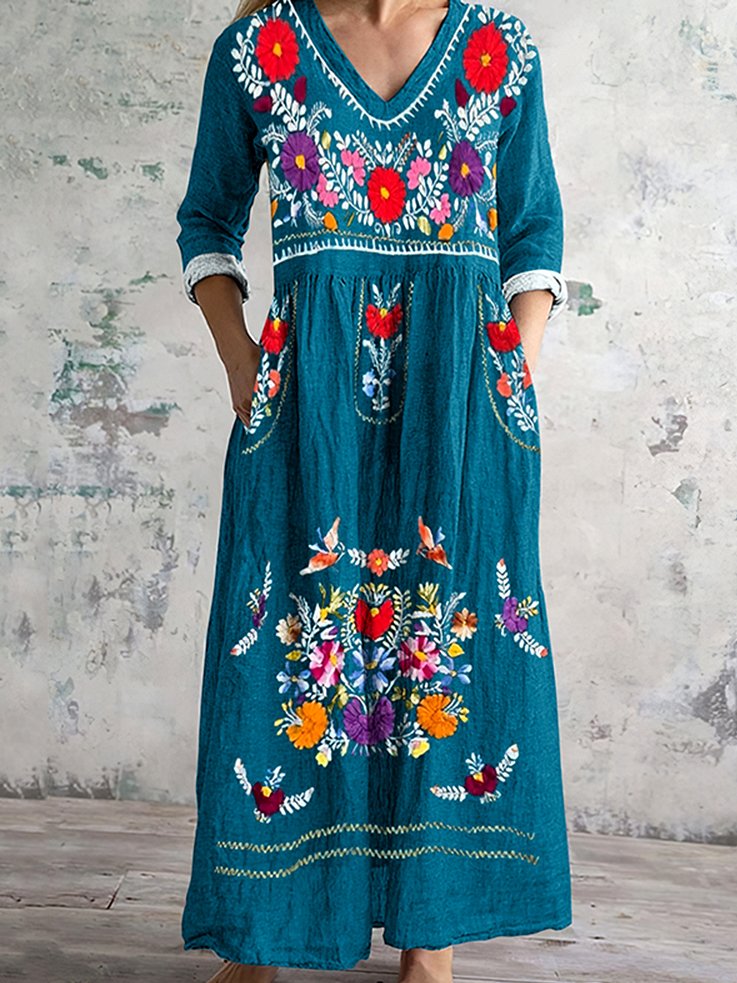 Damen Geblümt Frühling/Herbst Kleid Rundhals Langarm A-Linien-Kleid