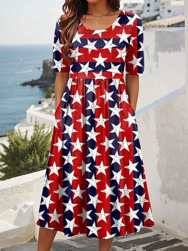 Damen Stern Sommer Kleid Rundhals Kurzarm A-Linien-Kleid