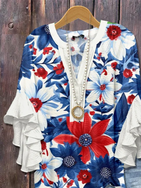 V-Ausschnitt Halbarm Geblümt Print Regelmäßig Weit Bluse für Damen