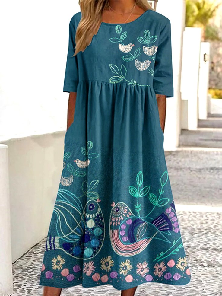 Damen Geblümt Sommer Kleid Rundhals Kurzarm A-Linien-Kleid