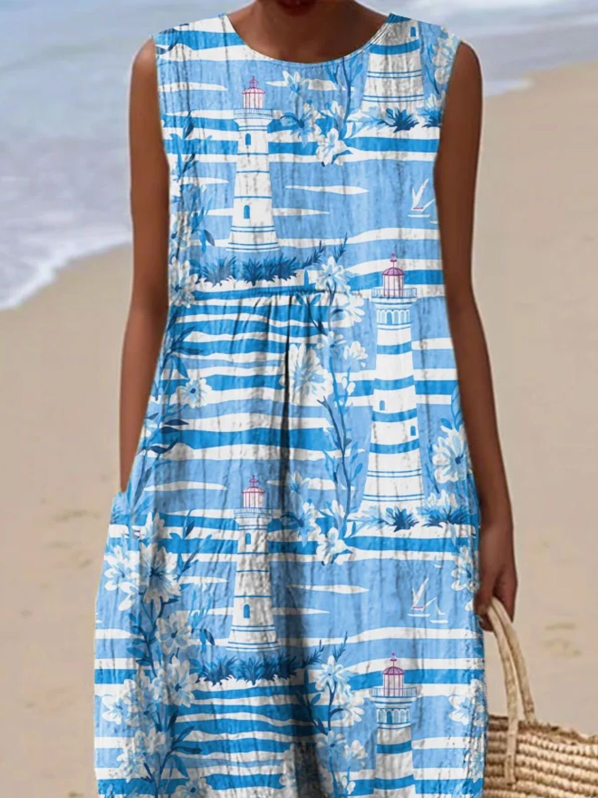 Damen Meer Sommer Kleid Rundhals Ärmellos A-Linien-Kleid