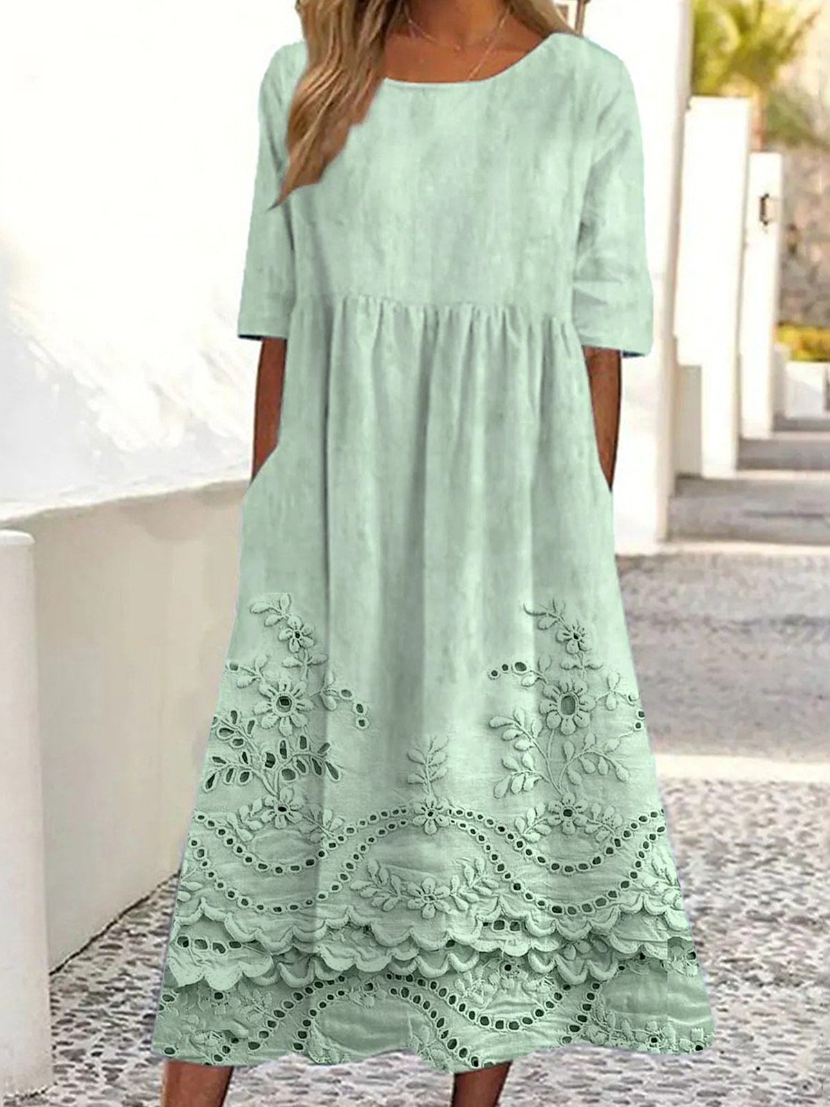 Damen 3d Drucken Rundhals Halbarm Bequem Retro Maxikleid