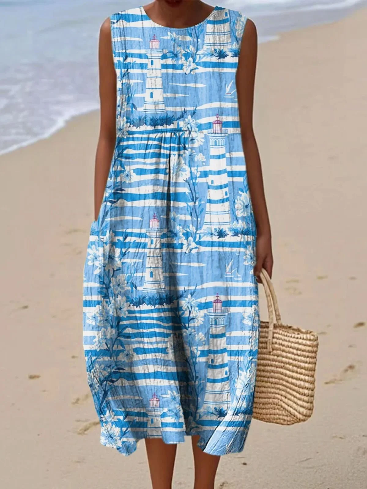 Damen Meer Sommer Kleid Rundhals Ärmellos A-Linien-Kleid