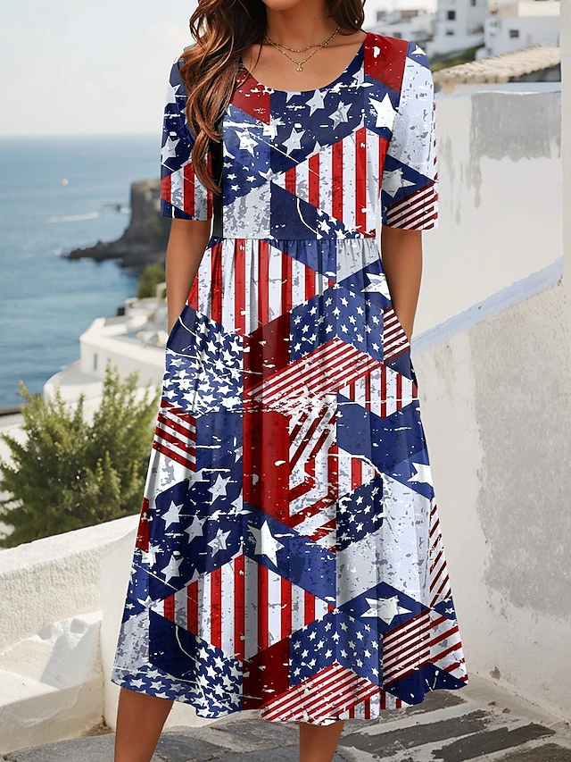 Damen Amerika-Flagge Sommer Kleid Rundhals Kurzarm A-Linien-Kleid