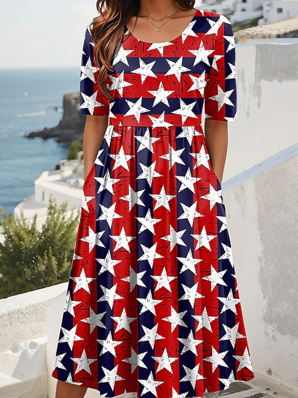 Damen Stern Sommer Kleid Rundhals Kurzarm A-Linien-Kleid