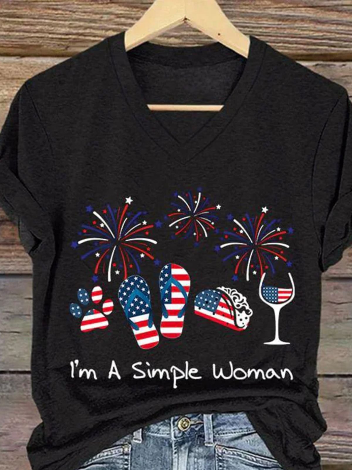 Lässig Amerika-Flagge V-Ausschnitt Kurzarm T-Shirt