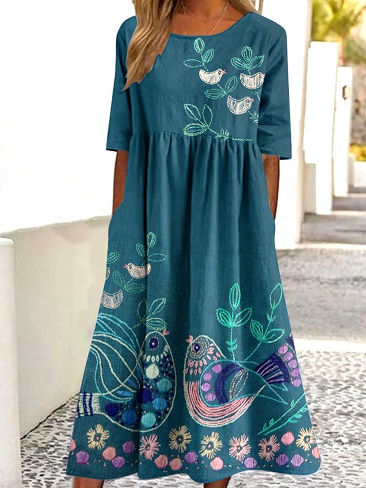 Damen Geblümt Sommer Kleid Rundhals Kurzarm A-Linien-Kleid
