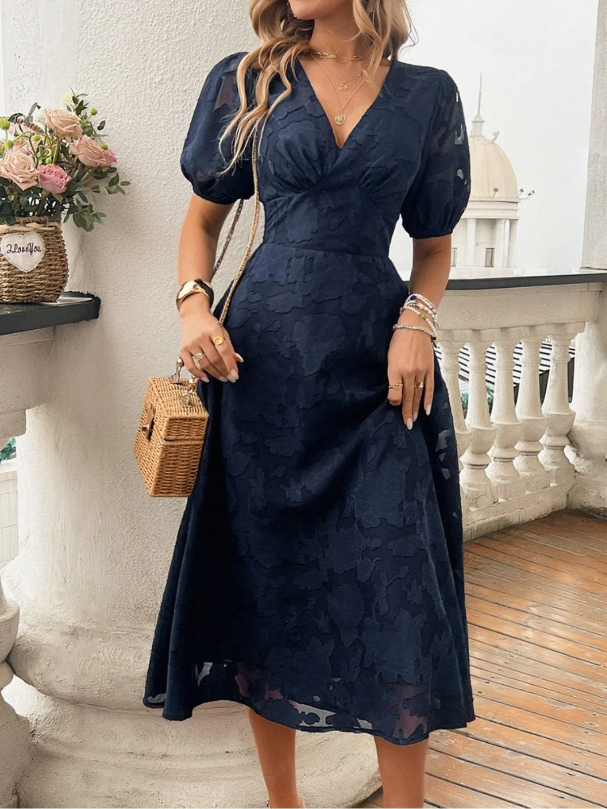 Damen Geblümt Sommer Kleid V-Ausschnitt Kurzarm A-Linien-Kleid