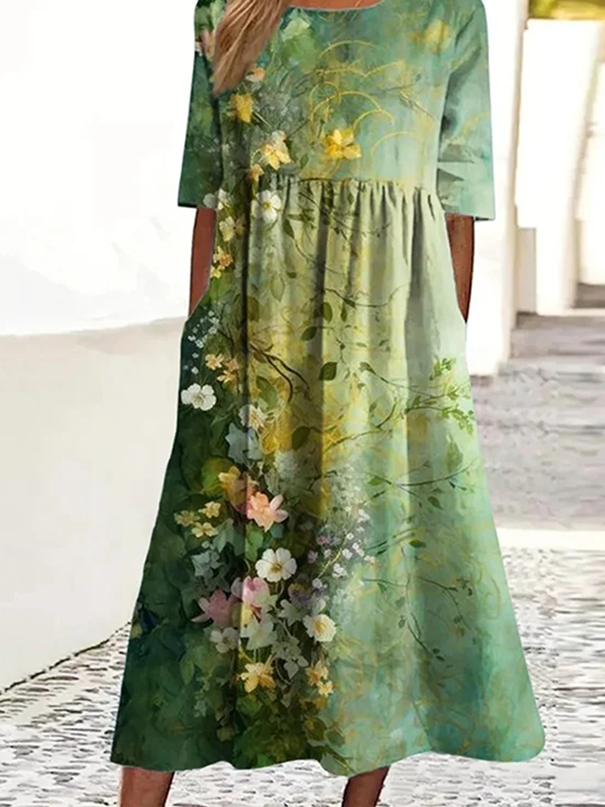 Damen Geblümt Sommer Kleid Rundhals Kurzarm A-Linien-Kleid