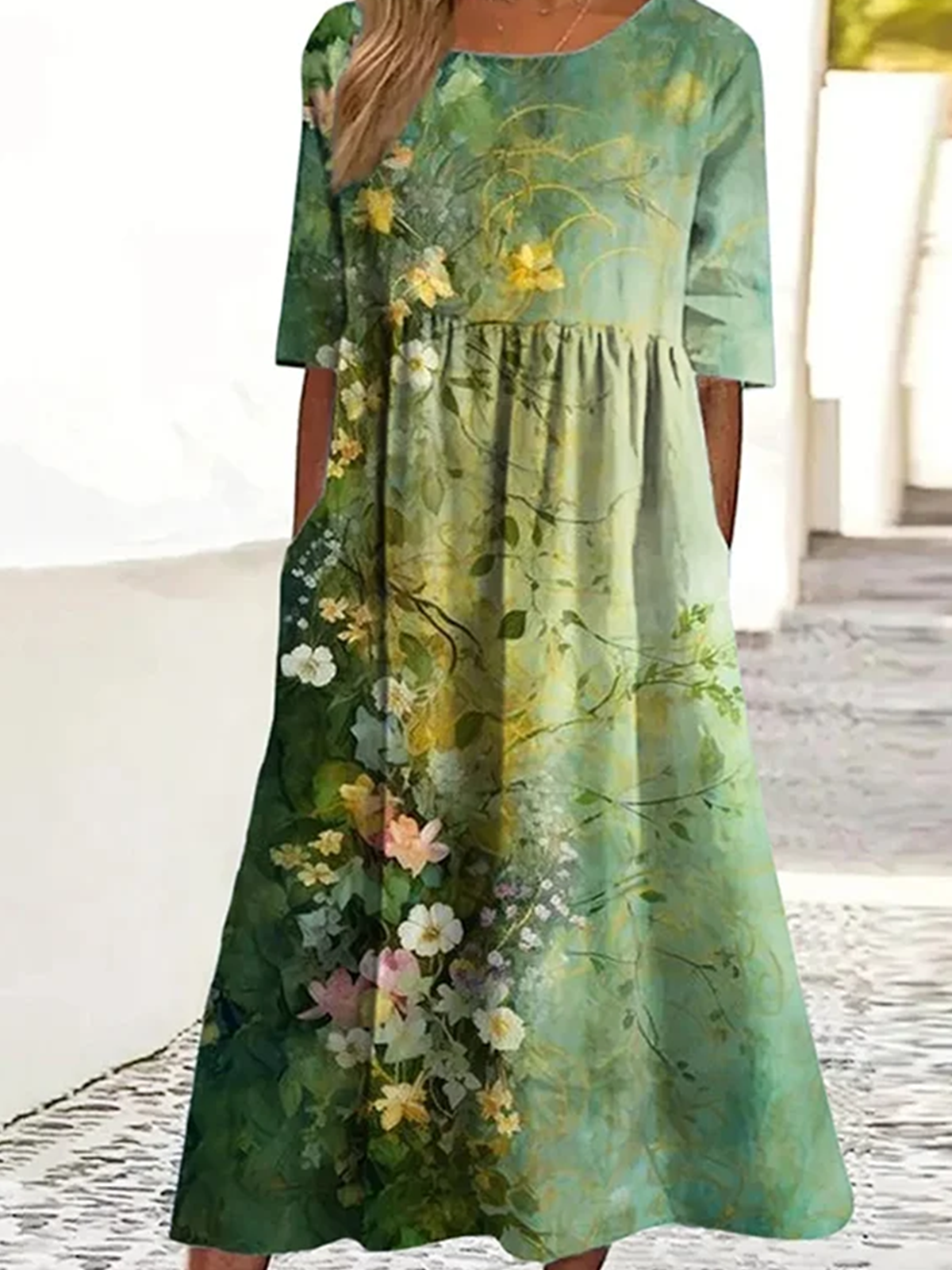 Damen Geblümt Sommer Kleid Rundhals Kurzarm A-Linien-Kleid