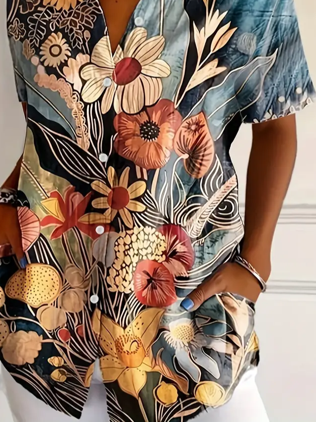 Hemdkragen Kurzarm Geblümt Print Regelmäßig Mikroelastizität Weit Knopfhemd Bluse für Damen