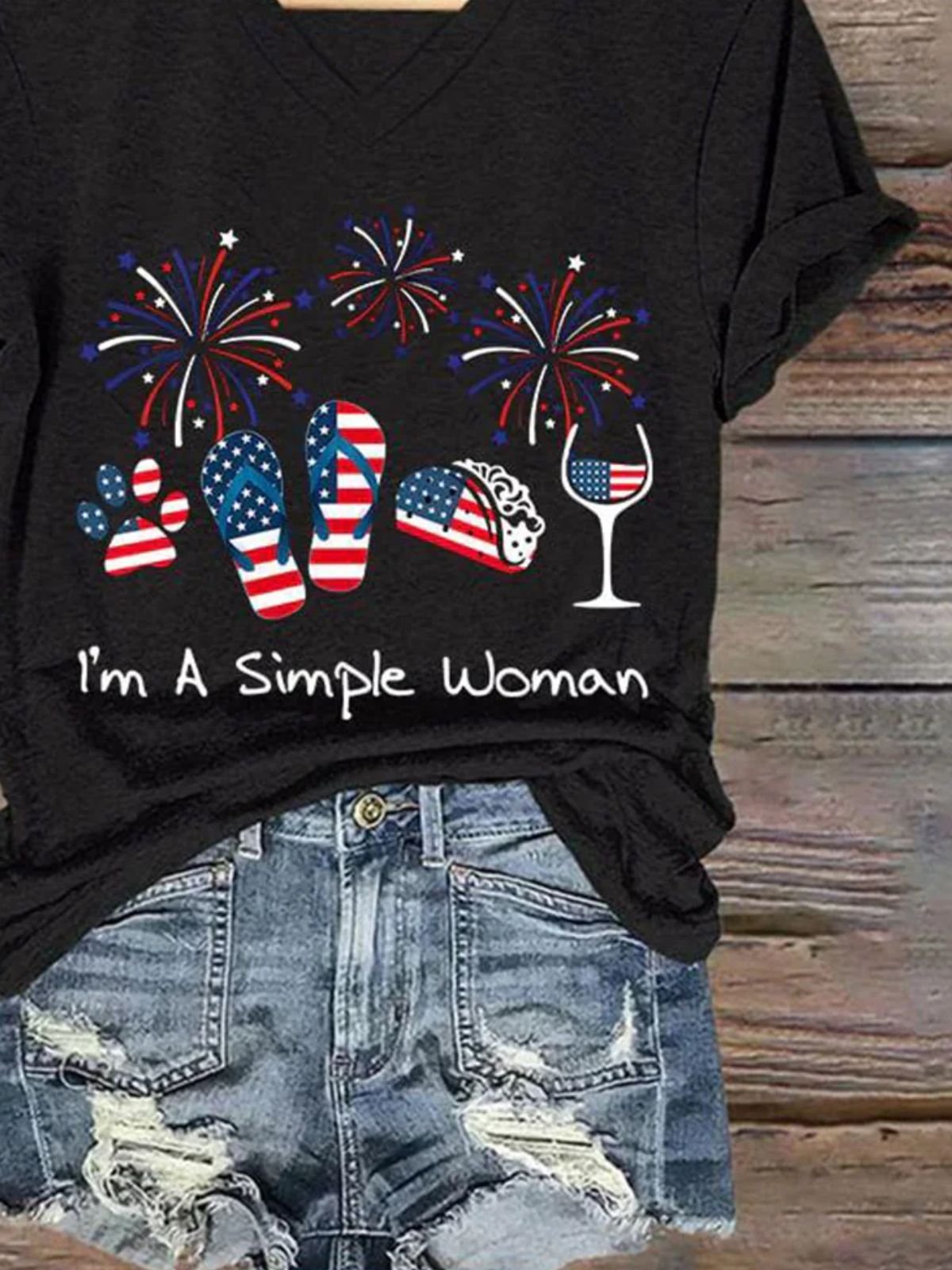 Lässig Amerika-Flagge V-Ausschnitt Kurzarm T-Shirt