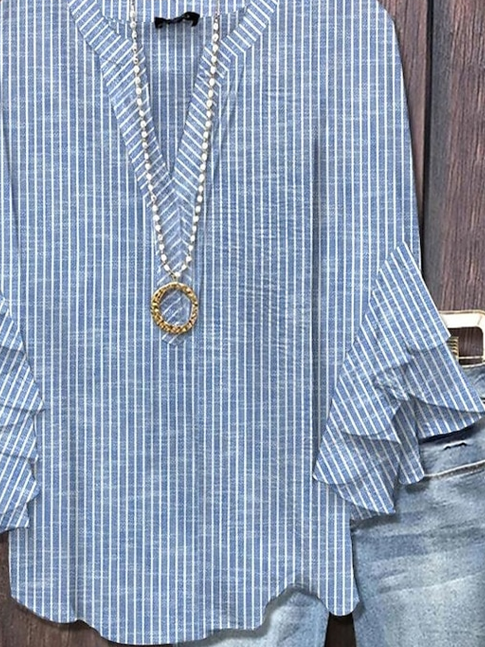 V-Ausschnitt Halbarm Gestreift Print Regelmäßig Weit Bluse für Damen