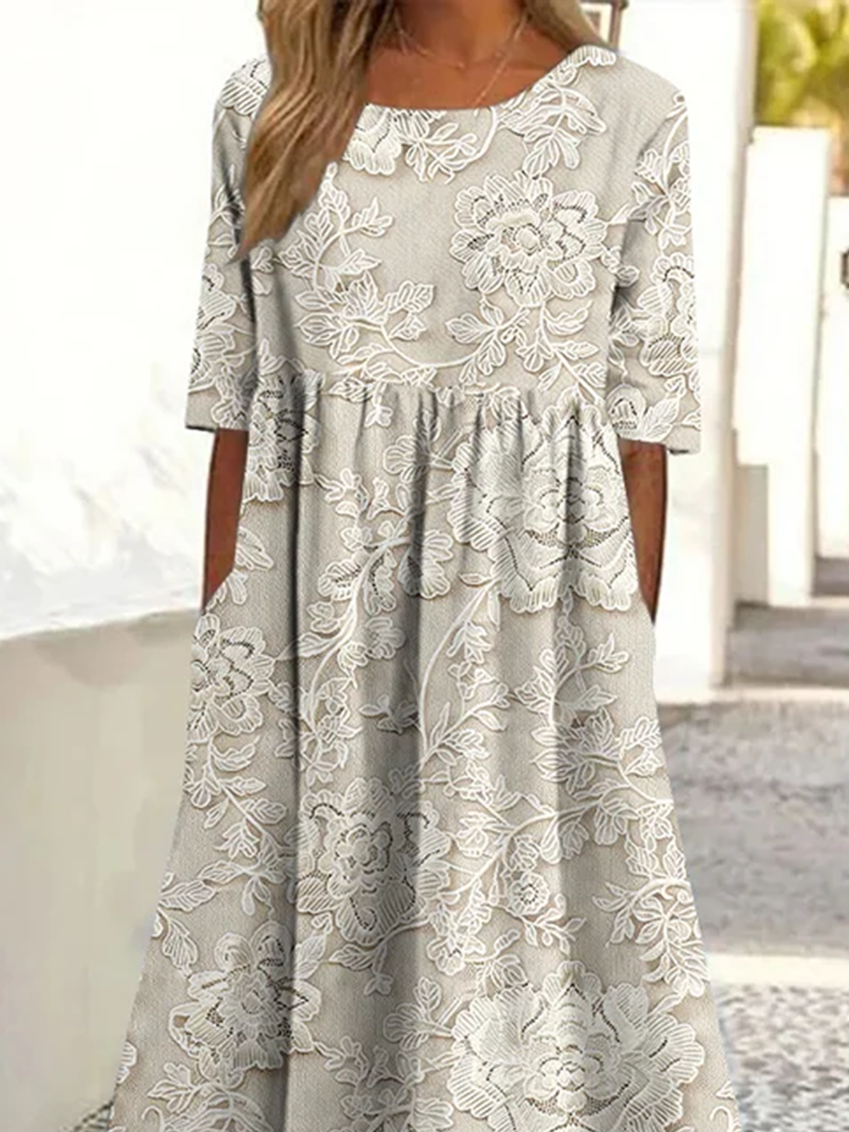 Damen Geblümt Sommer Kleid Rundhals Kurzarm A-Linien-Kleid
