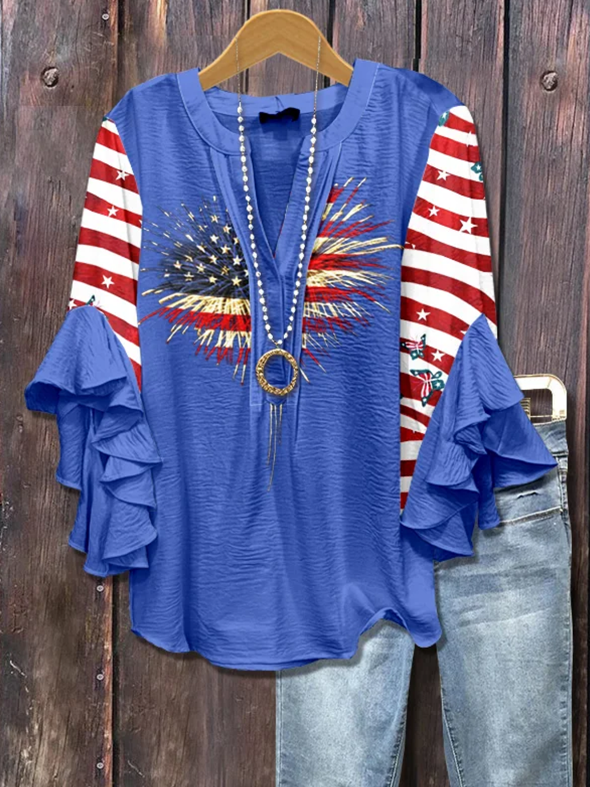 V-Ausschnitt Halbarm Amerika-Flagge Regelmäßig Mikroelastizität Regelmäßige Passform Bluse für Damen