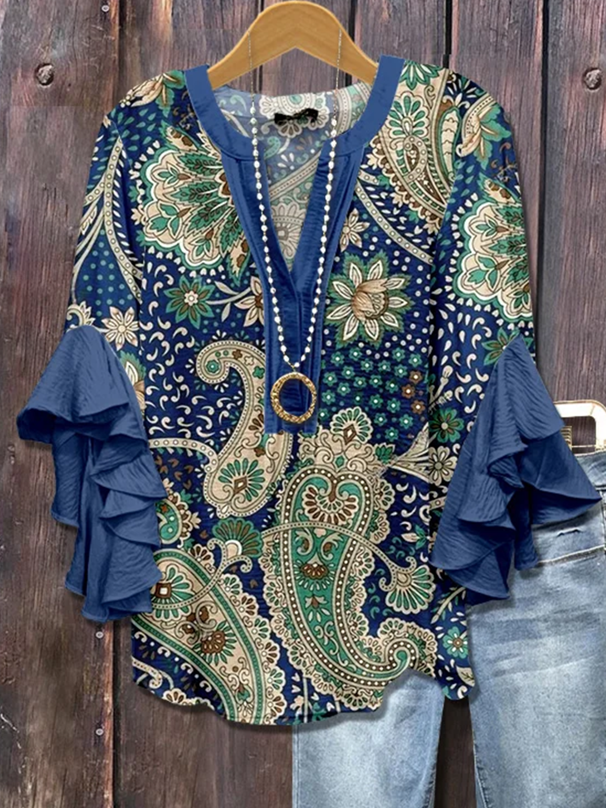 V-Ausschnitt Halbarm Paisley Regelmäßig Mikroelastizität Regelmäßige Passform Bluse für Damen