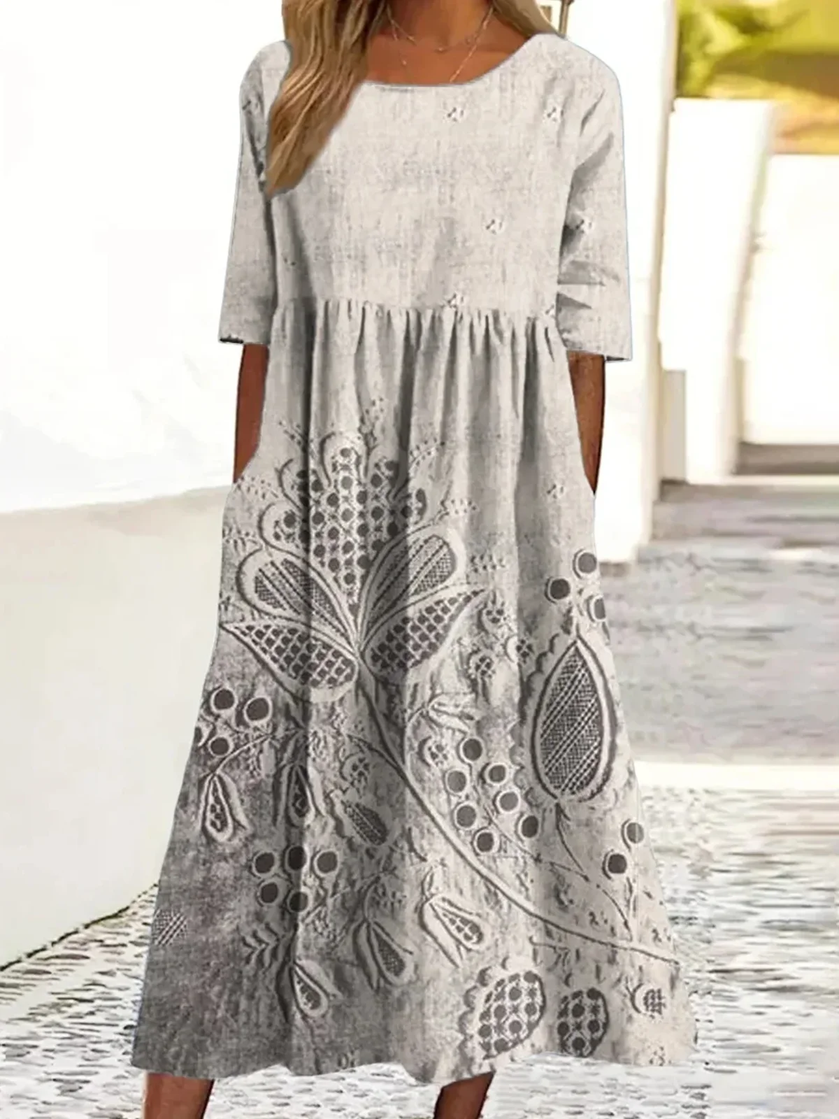 Damen Geblümt Sommer Kleid Rundhals Kurzarm A-Linien-Kleid