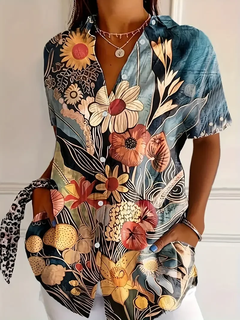 Hemdkragen Kurzarm Geblümt Print Regelmäßig Mikroelastizität Weit Knopfhemd Bluse für Damen