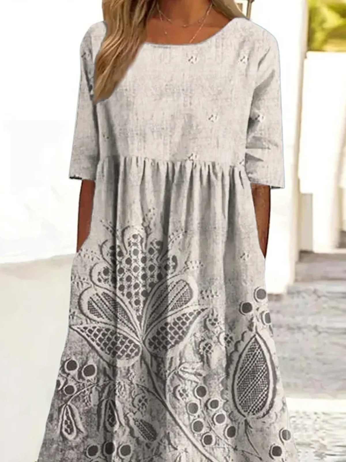 Damen Geblümt Sommer Kleid Rundhals Kurzarm A-Linien-Kleid