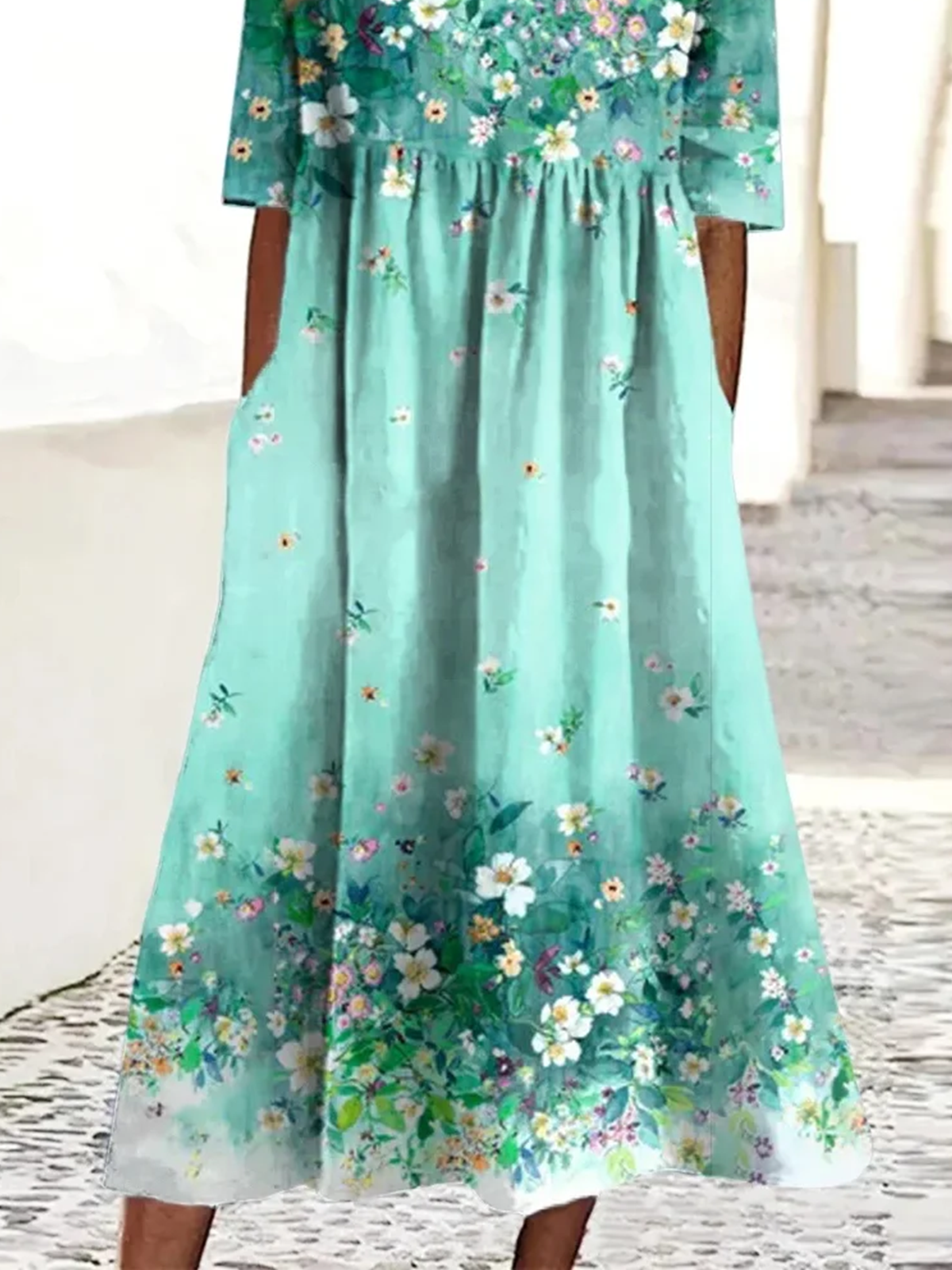 Damen Geblümt Sommer Kleid Rundhals Kurzarm A-Linien-Kleid