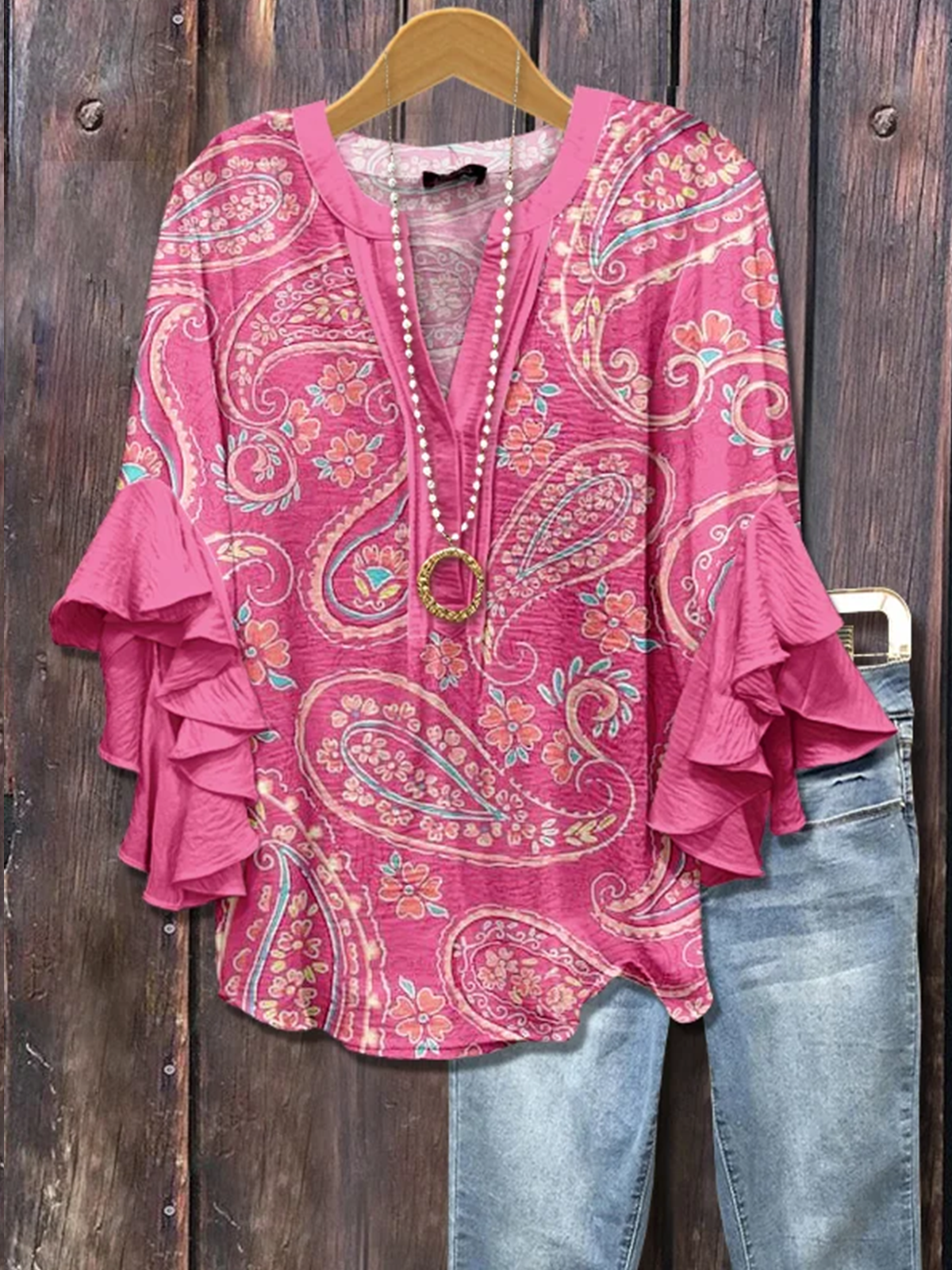 V-Ausschnitt Halbarm Paisley Regelmäßig Mikroelastizität Regelmäßige Passform Bluse für Damen