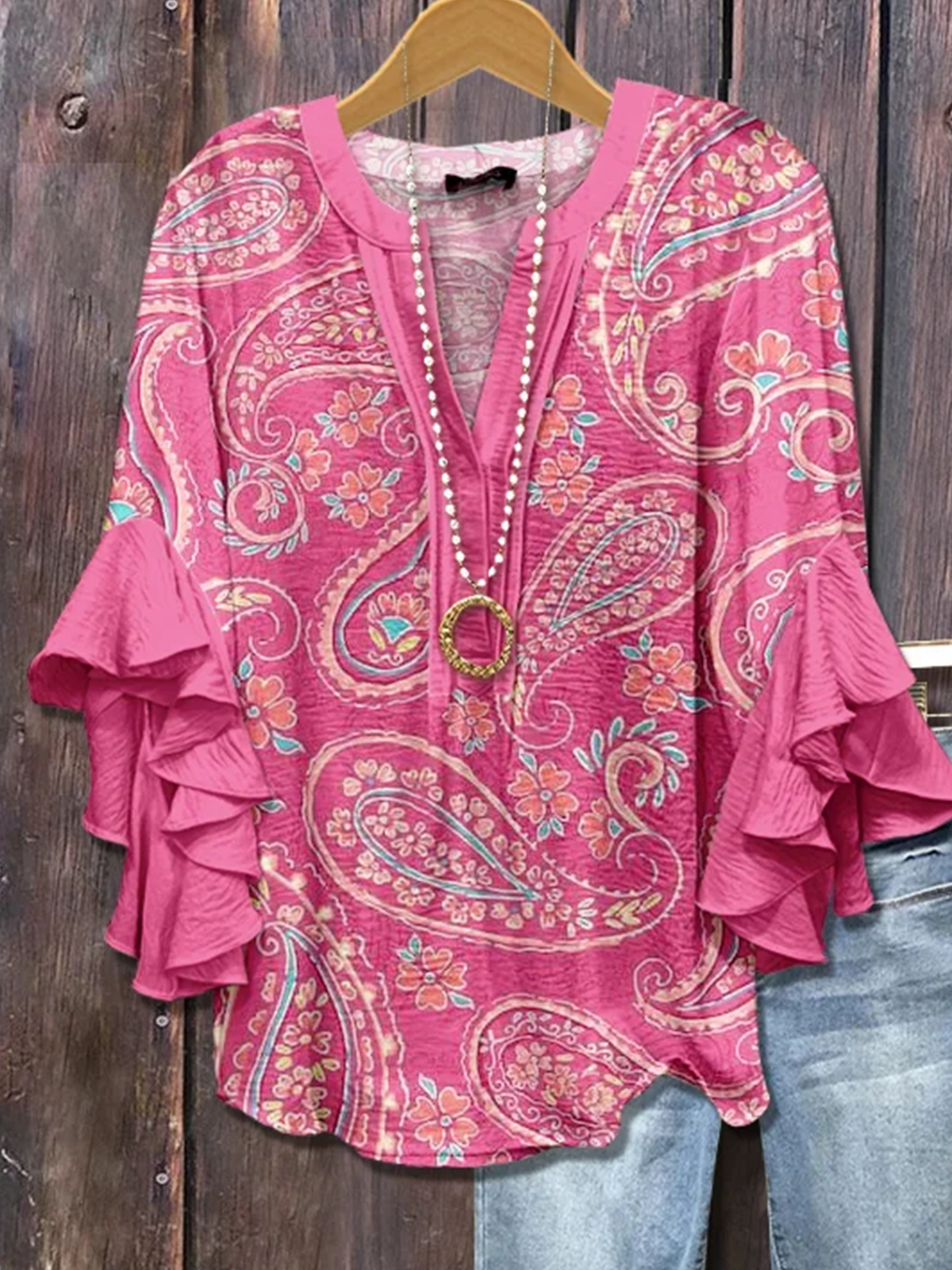 V-Ausschnitt Halbarm Paisley Regelmäßig Mikroelastizität Regelmäßige Passform Bluse für Damen
