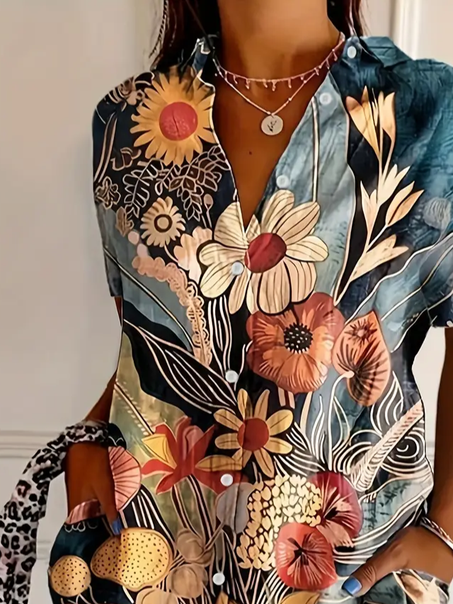 Hemdkragen Kurzarm Geblümt Print Regelmäßig Mikroelastizität Weit Knopfhemd Bluse für Damen