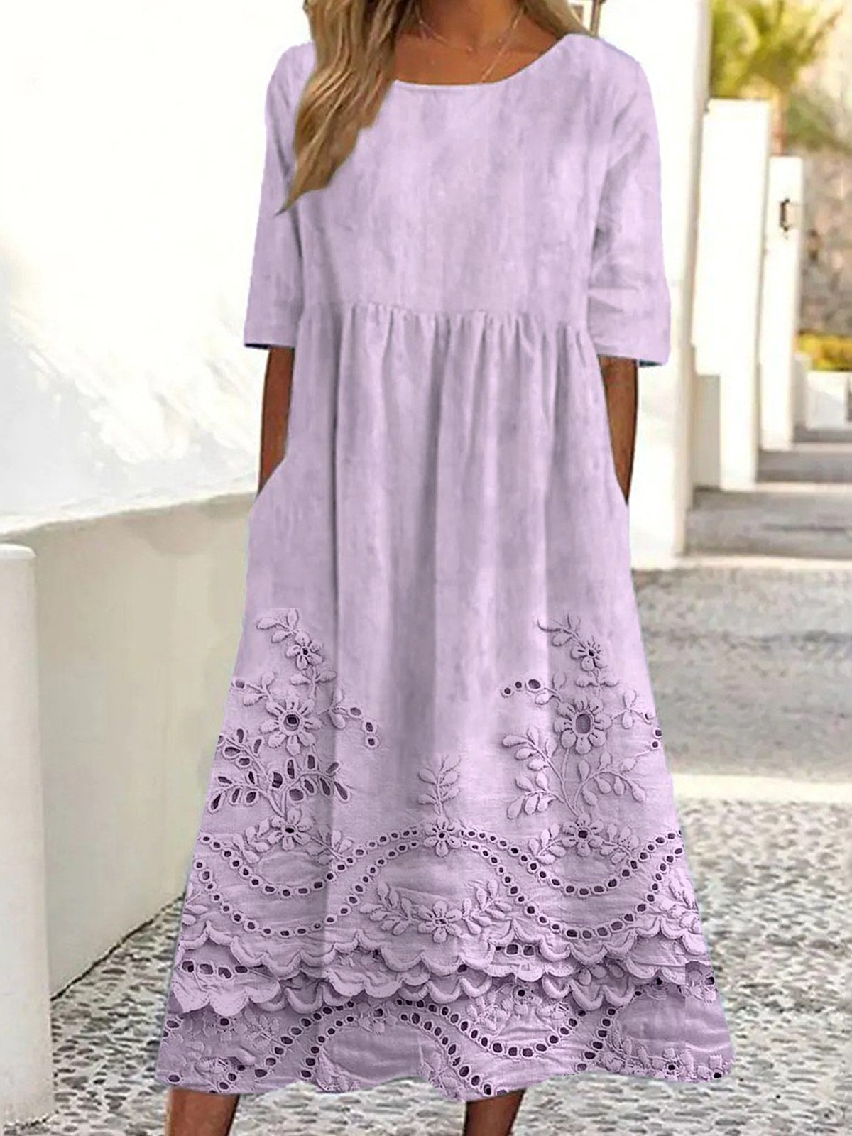 Damen 3d Drucken Rundhals Halbarm Bequem Retro Maxikleid