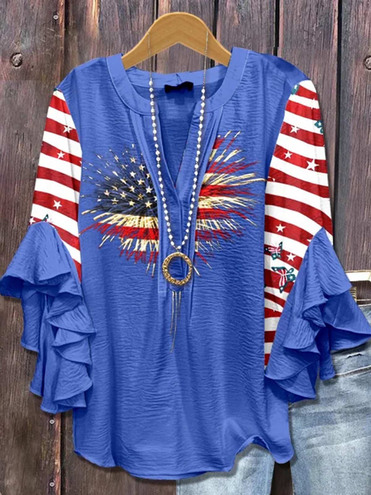 V-Ausschnitt Halbarm Amerika-Flagge Regelmäßig Mikroelastizität Regelmäßige Passform Bluse für Damen