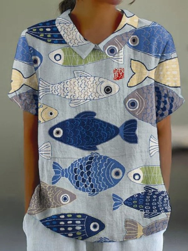 Lässig Geometrisch Stehkragen Kurzarm T-Shirt