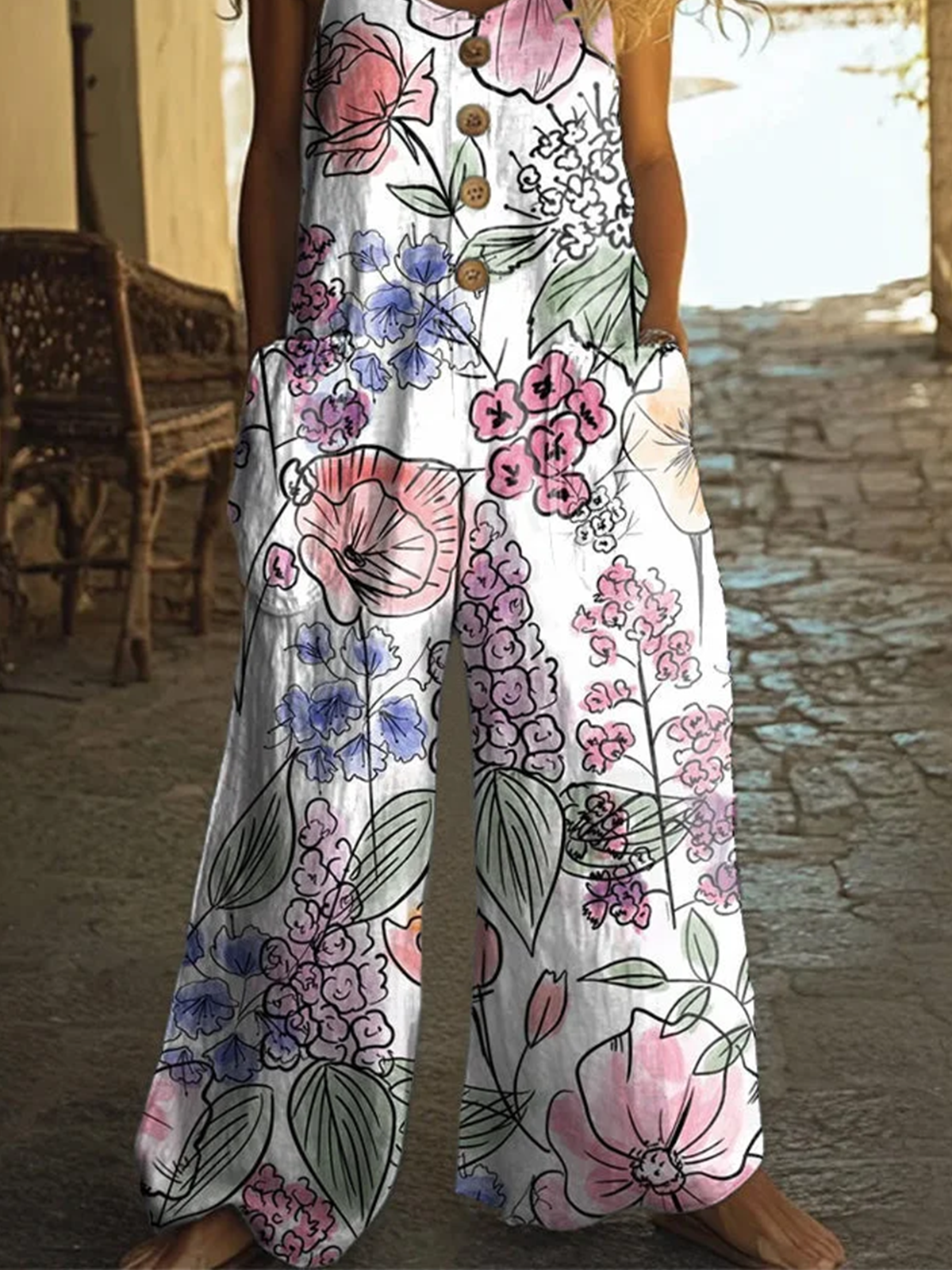 Damen Geblümt Rundhals Ärmellos Lässig Sommer Baumwolle Jumpsuit