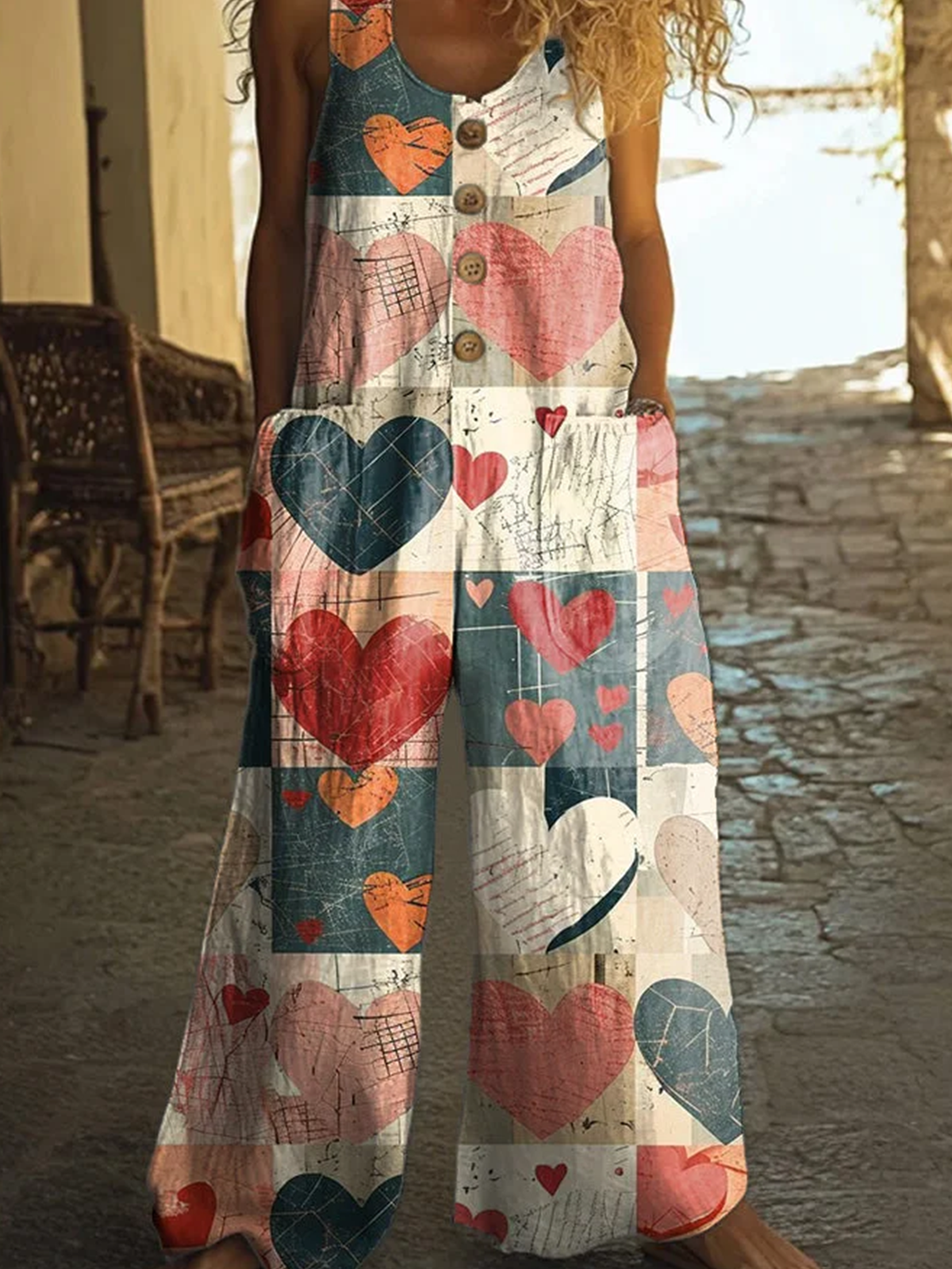 Damen Geometrisch Rundhals Ärmellos Lässig Sommer Baumwolle Jumpsuit