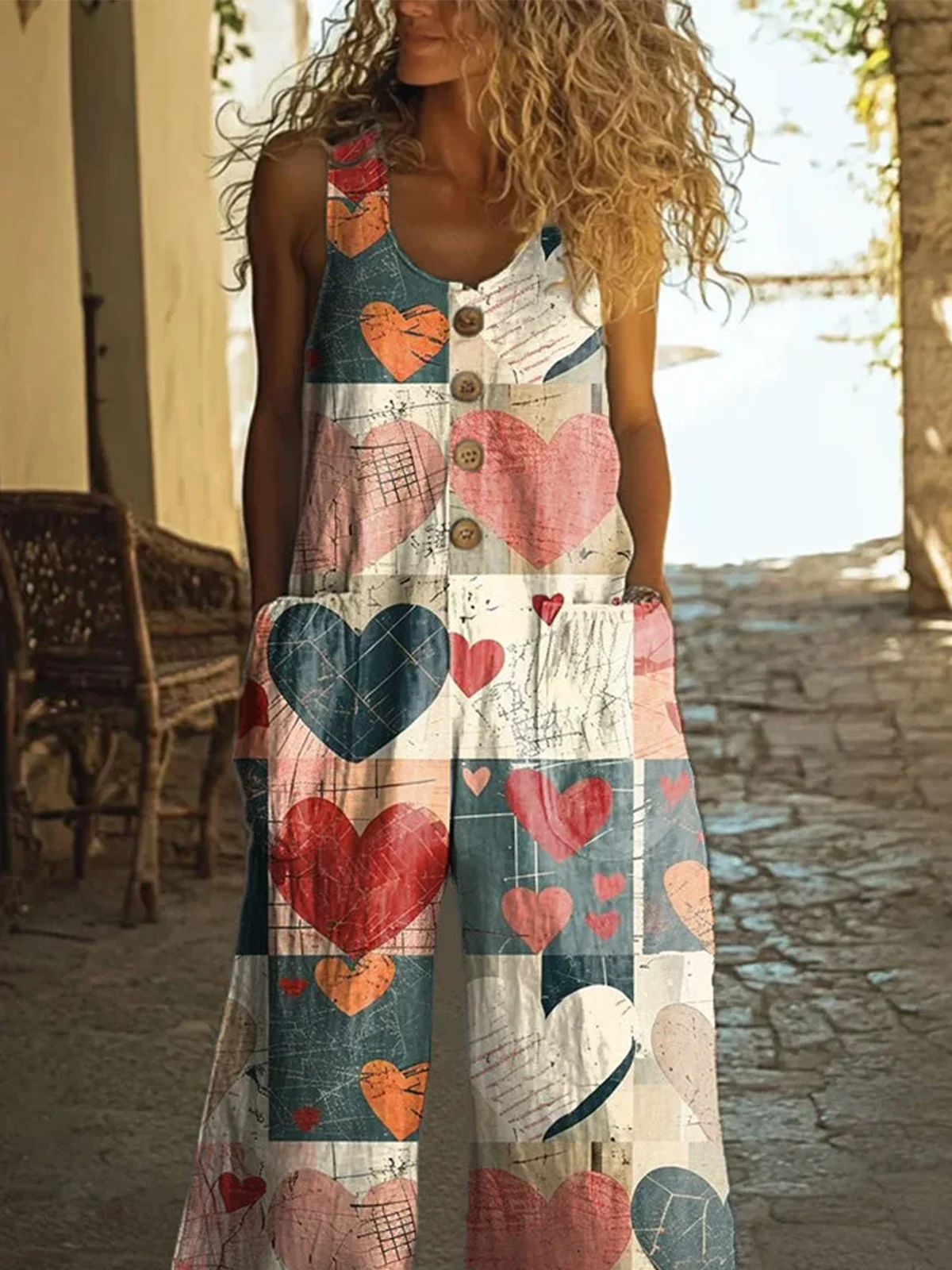 Damen Geometrisch Rundhals Ärmellos Lässig Sommer Baumwolle Jumpsuit