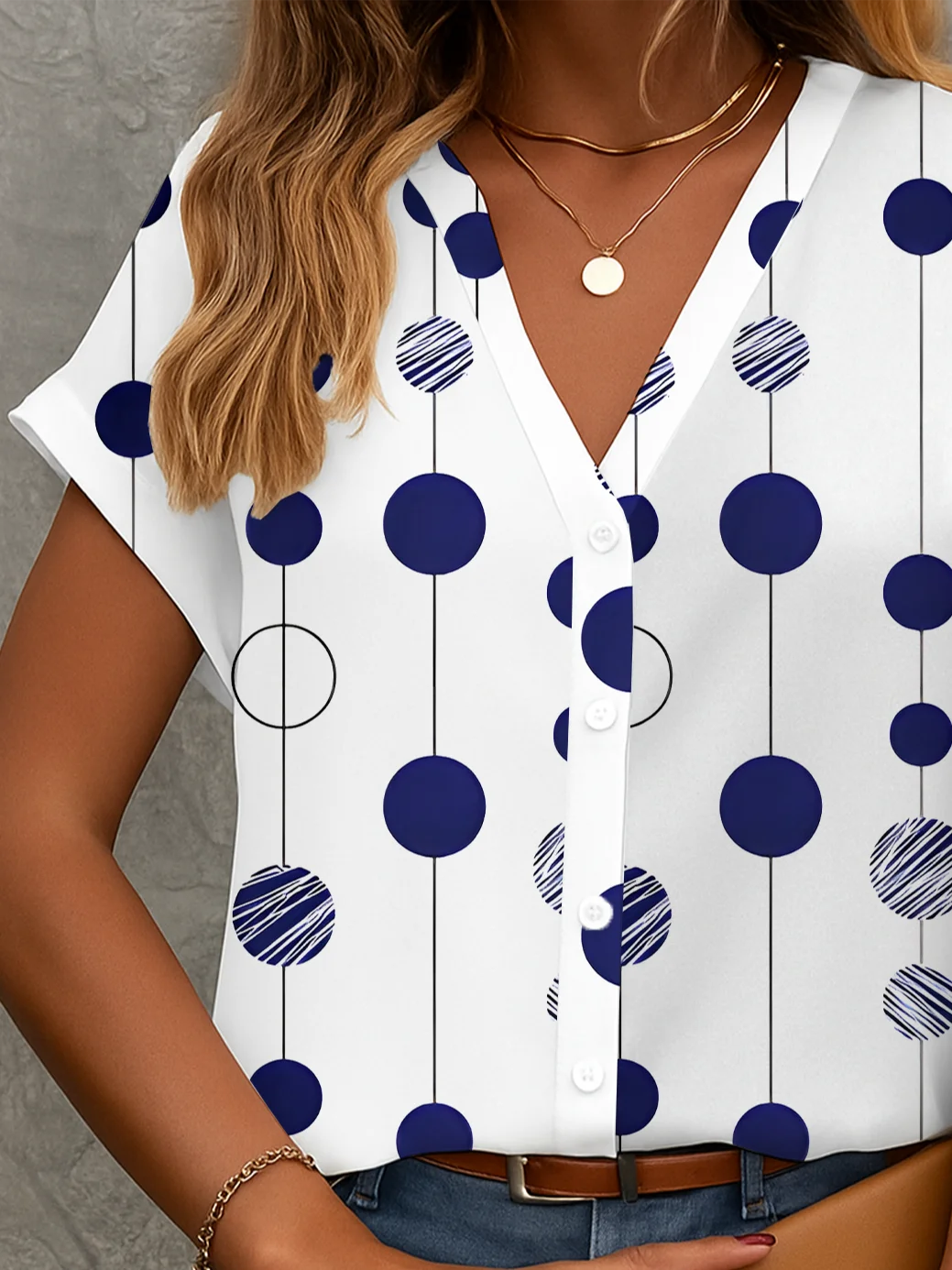 V-Ausschnitt Kurzarm Polka Dots Print Regelmäßig Mikroelastizität Regelmäßige Passform Knopfhemd Bluse für Damen