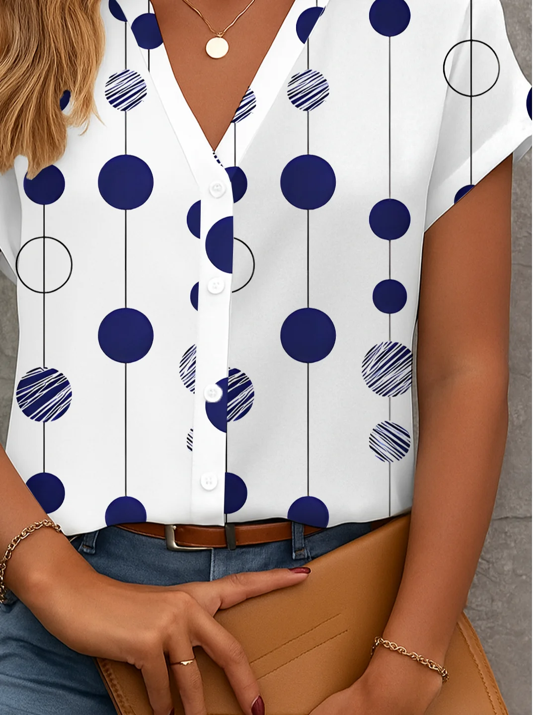 V-Ausschnitt Kurzarm Polka Dots Print Regelmäßig Mikroelastizität Regelmäßige Passform Knopfhemd Bluse für Damen