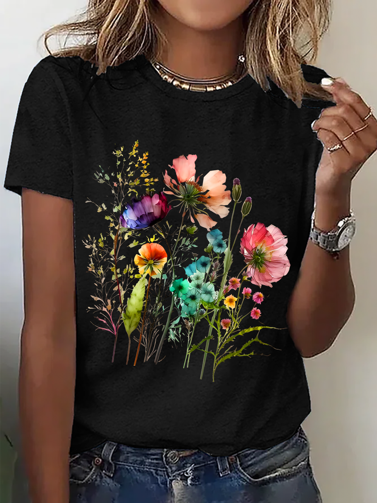 Lässig Geblümt Rundhals Kurzarm T-Shirt
